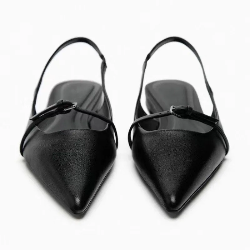 Color: black, Shoe Size: 35 - New Women Sandal Fashion Pointed Toe Shallow Mouth Non-slip Ladies Elegant Slingback Shoes Flat Sandals