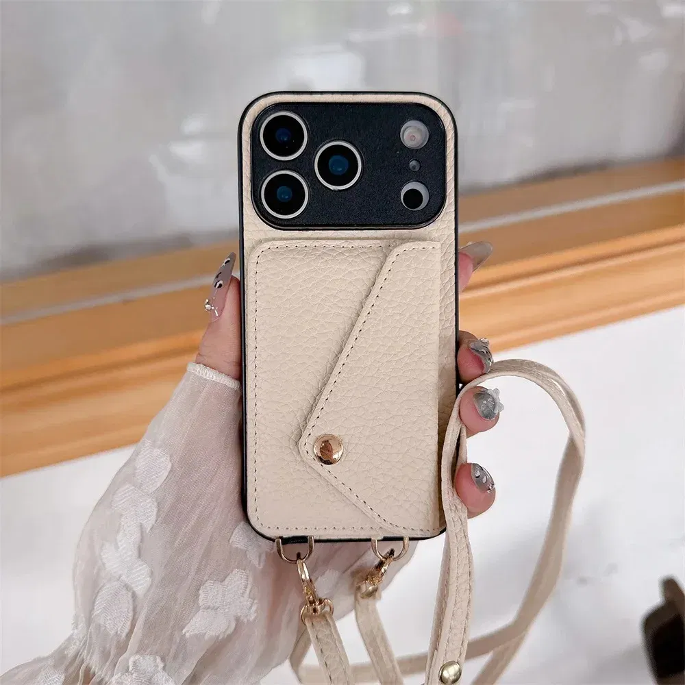 Material: TPU, Color: black - Crossbody wallet card holder phone case For iPhone 17Air 16, 15, 14, 13, 12, 11 Pro Max, XR with lanyard protective cover