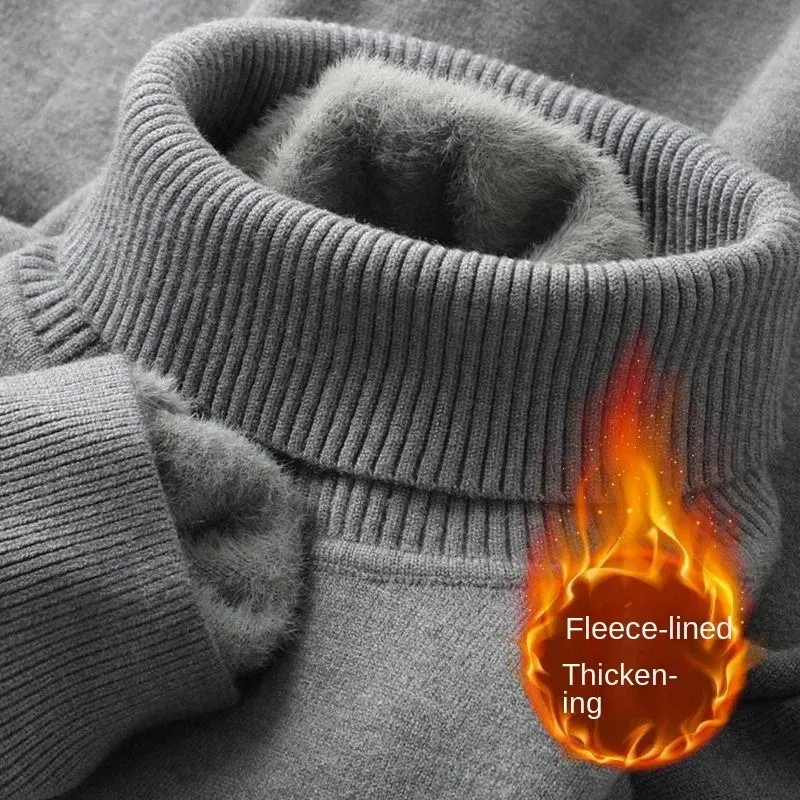 Color: Beige, Size: XXXL - Autumn Winter Men's Turtleneck Sweater Knitted Velvet Warm Long Sleeve Pullover Outdoor Cold-proof Casual Blouse Base Sweater