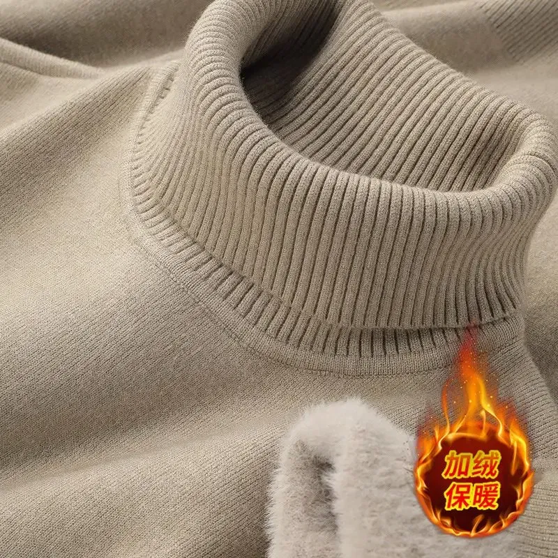 Color: Beige, Size: XXXL - Autumn Winter Men's Turtleneck Sweater Knitted Velvet Warm Long Sleeve Pullover Outdoor Cold-proof Casual Blouse Base Sweater