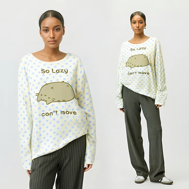 Color: Beige, Size: L - Woman Clothing y2k arcane Cute T-shirts Lazy Cat Print Anime Female Clothing Soft Clothes Loungewear Casual Long-sleeved Tops
