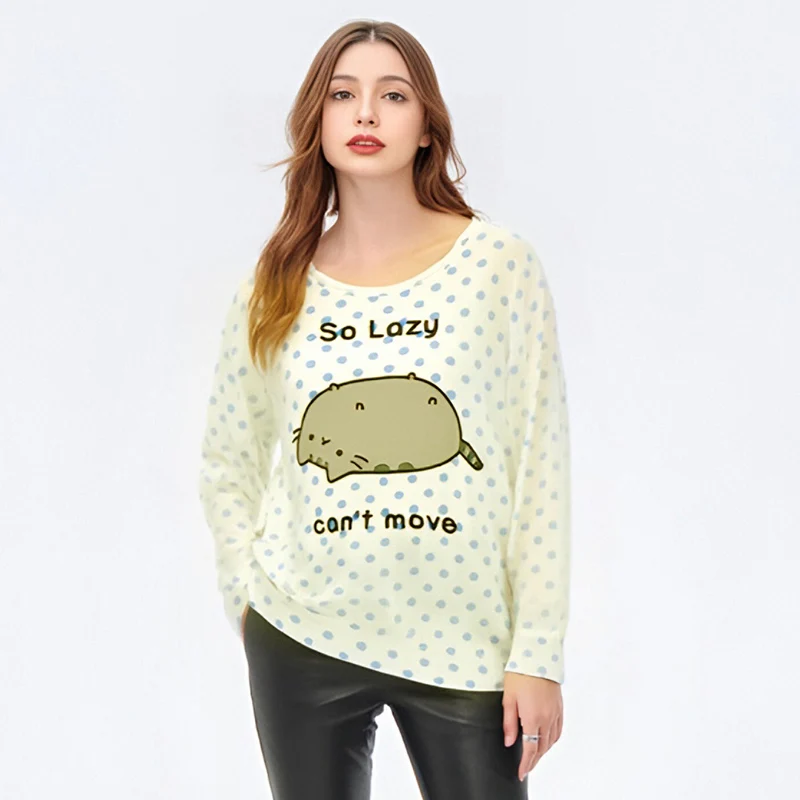 Color: Beige, Size: L - Woman Clothing y2k arcane Cute T-shirts Lazy Cat Print Anime Female Clothing Soft Clothes Loungewear Casual Long-sleeved Tops