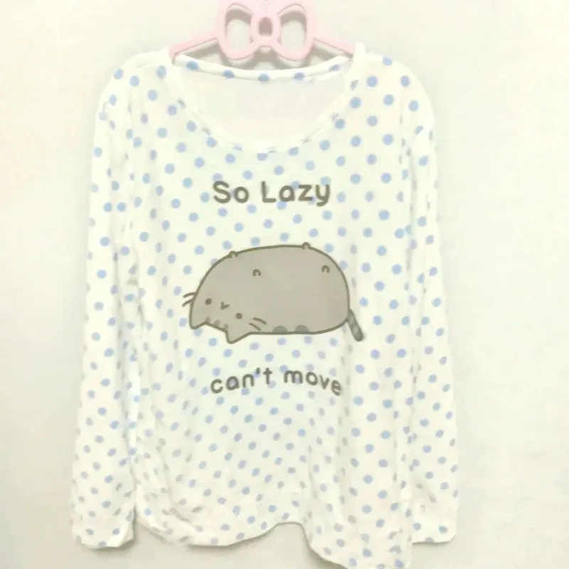 Color: Beige, Size: L - Woman Clothing y2k arcane Cute T-shirts Lazy Cat Print Anime Female Clothing Soft Clothes Loungewear Casual Long-sleeved Tops