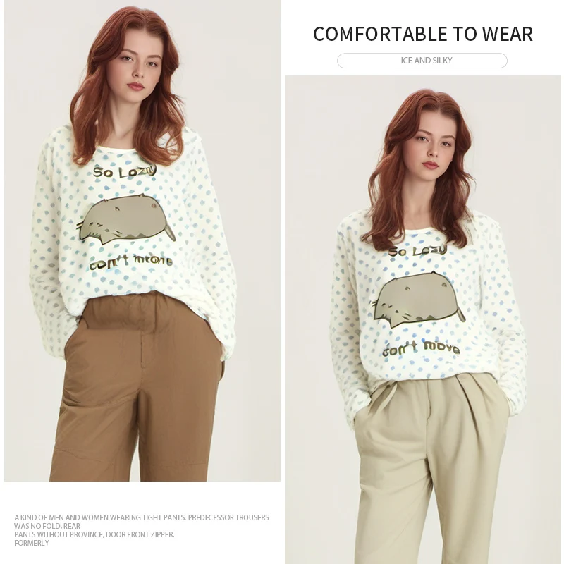 Color: Beige, Size: L - Woman Clothing y2k arcane Cute T-shirts Lazy Cat Print Anime Female Clothing Soft Clothes Loungewear Casual Long-sleeved Tops