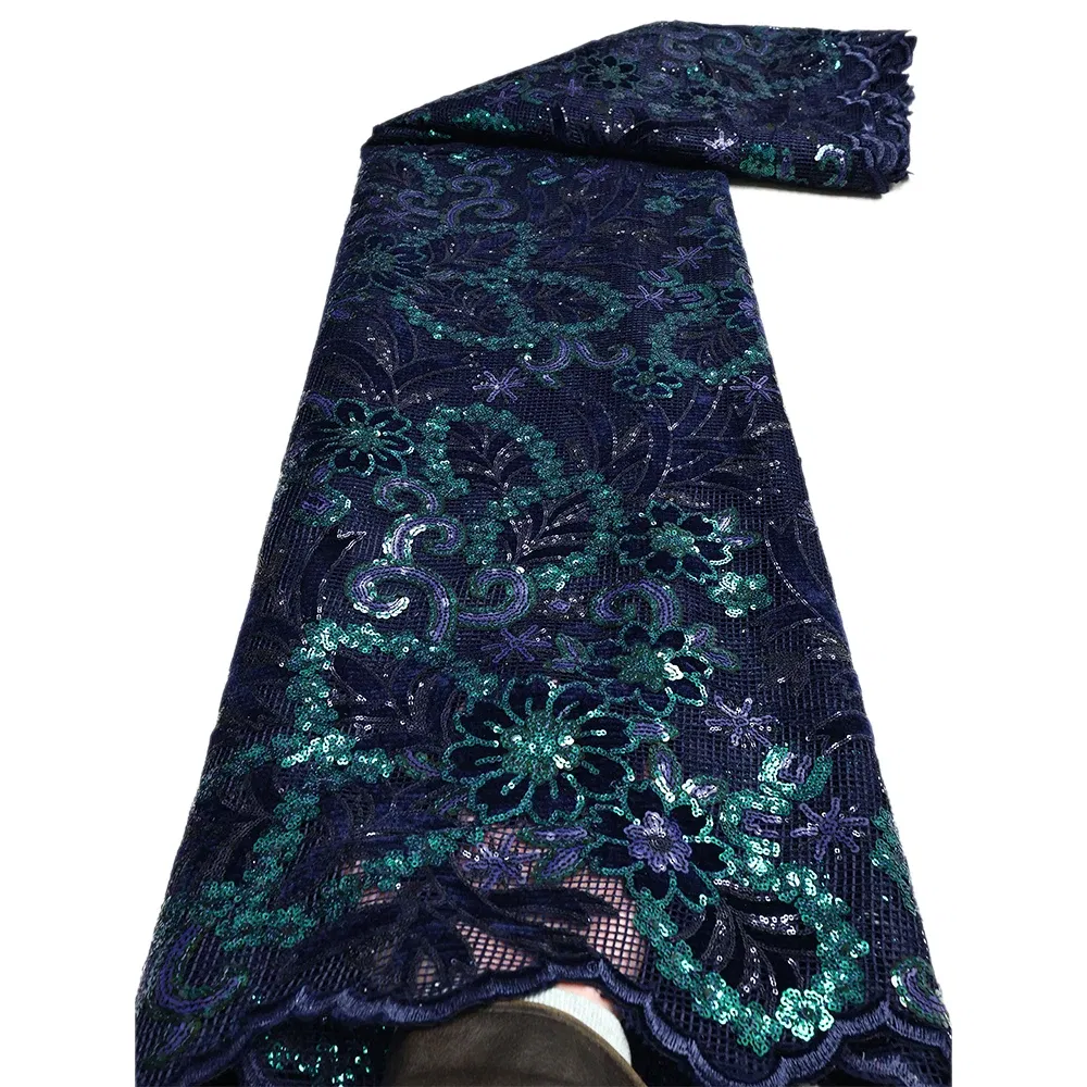 Color: Blue, length: 5 yards, Width: 120cm - African Velvet Lace Fabric, High Quality Elegant Nigerian Wedding Sequins Lace Fabrics 5 Yards Laser Cutting French Tulle Laces