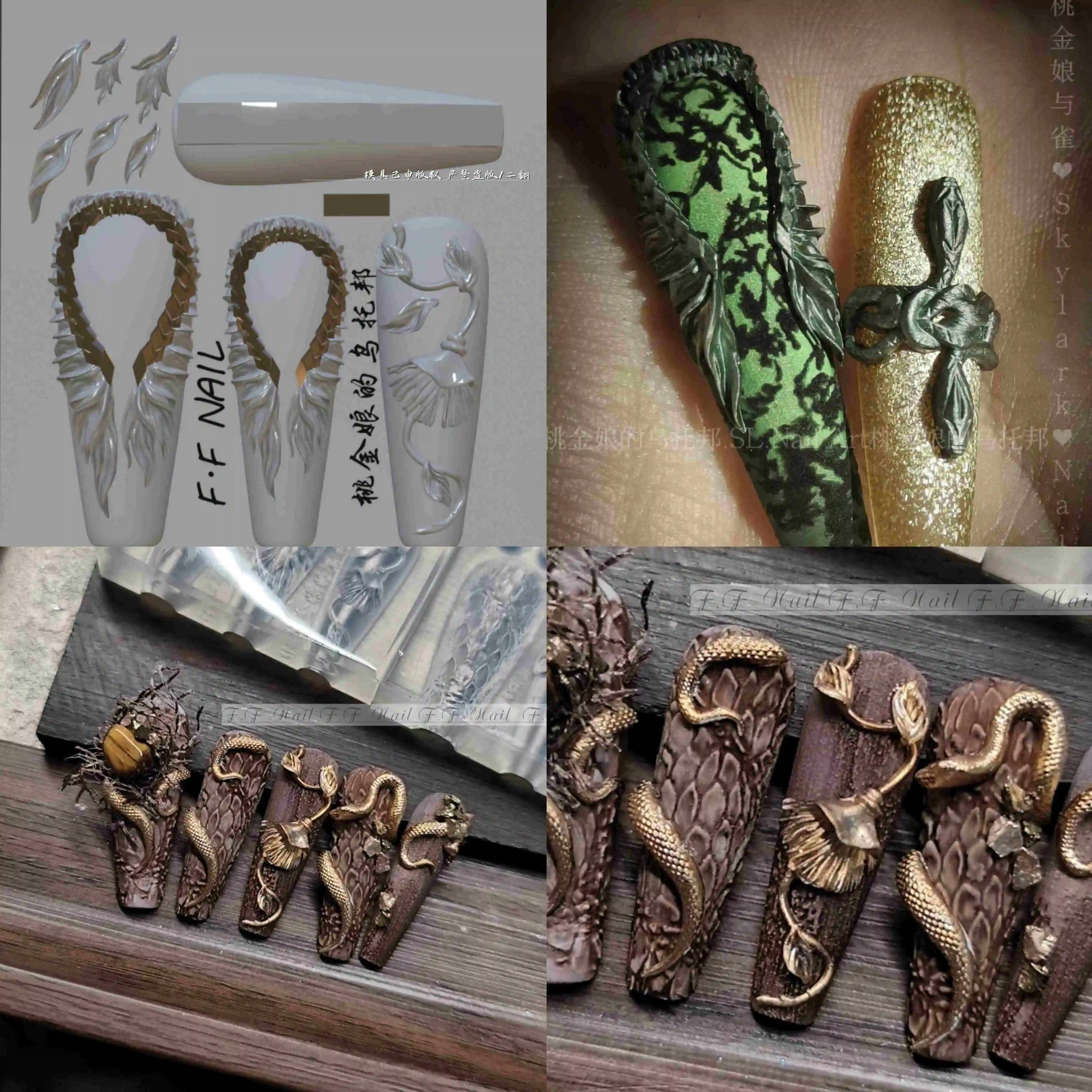 Color: green - 1pc  Snake Flamingo Jellyfish Dragon Dtream 3D Acrylic Mold  Nail Art DIY  Silicone  Nail Art Templates Nails Mold