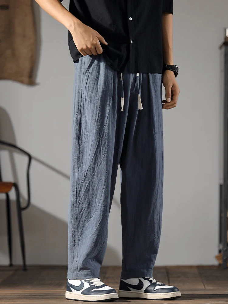 Color: Champagne, Size: 5XL - Japenese Cotton Linen Pants Men Summer Straight Casual Ice Silk Sweatpants Male Wide leg Oversize Linen Trousers 2024 New