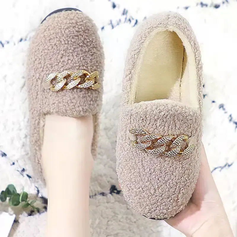 Color: Khaki, Shoe Size: 39 - Womens Slippers Warm Short Plush Lining House Shoes Moccassins Slip on Fashion Lady Flats Loafers Non Slip 2023