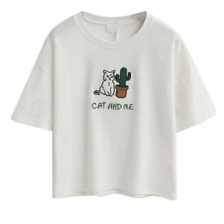 Color: WHITE, Size: XL, Ships From: CHINA - 2021 Summer Cotton Short Sleeved Crop Top T-shirt Femme Embroidered Cat T Shirts Cartoon Women Fashion Cactus Top Tee T Shirt