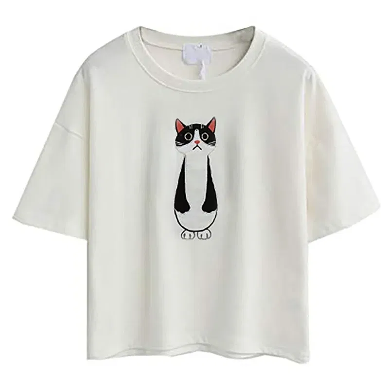 Color: WHITE, Size: XL, Ships From: CHINA - 2021 Summer Cotton Short Sleeved Crop Top T-shirt Femme Embroidered Cat T Shirts Cartoon Women Fashion Cactus Top Tee T Shirt