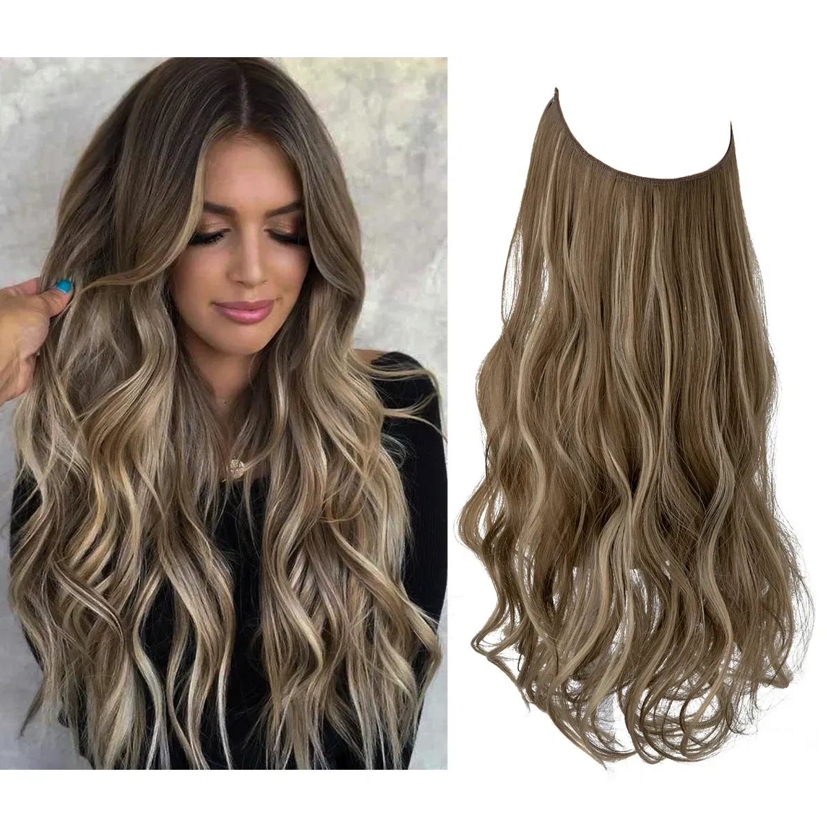 Color: P2/613, Stretched Length: 16inches - Synthetic No Clip Wave Hair Extensions Ombre Natural Black Blonde Pink One Piece False Hairpiece Fish Line Fake Hair Piece
