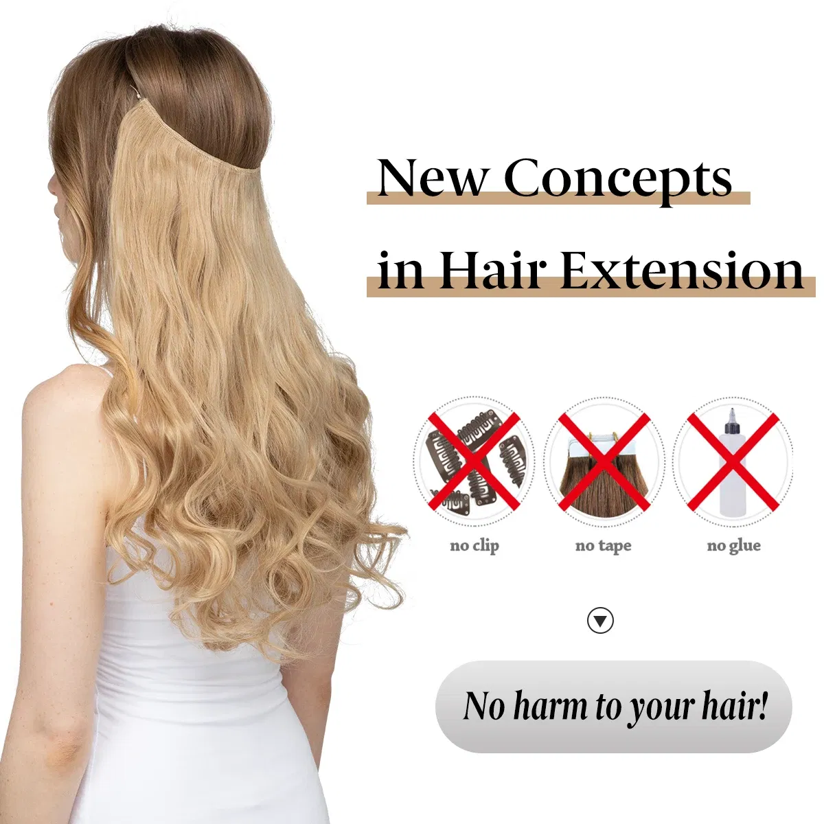 Color: P2/613, Stretched Length: 16inches - Synthetic No Clip Wave Hair Extensions Ombre Natural Black Blonde Pink One Piece False Hairpiece Fish Line Fake Hair Piece