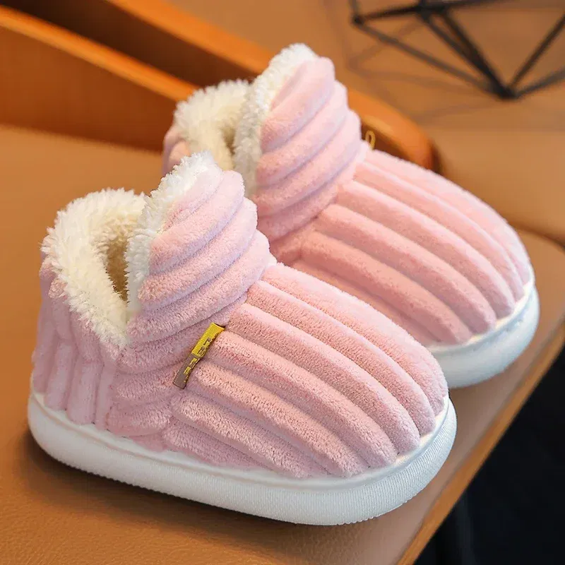 Color: Pink, Shoe Size: 1.5 - New Winter Concise Stripe Plush Slippers Children's Non-slip Soft Sole Kids Boys Girls Heel Wrap Warm High Home Cotton Shoes