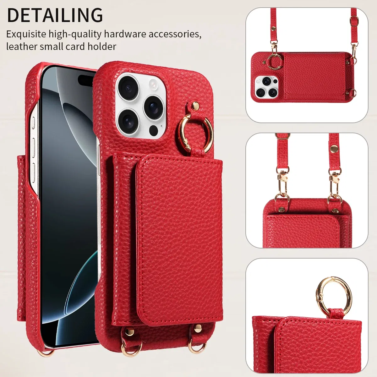 Color: Red, Bundle: Case & Strap, Material: Artificial Leather, Compatibility by Model: iPhone 13 Pro Max - For IPhone16 15 Pro Max 14 13 12 Series PU Leather Magsafe Magnetic Wireless Charging Shockproof Crossbody Wallet Phone Case