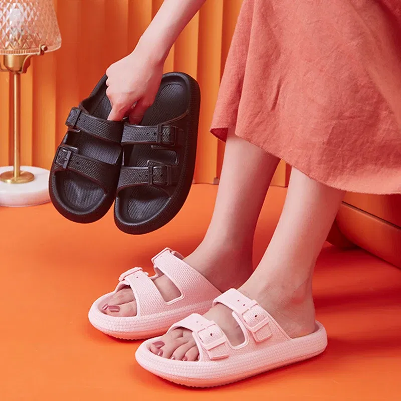 Color: Black, Shoe Size: 4 - Fashion Buckle Thick Platform Slippers Women Home Soft Sole eva Cloud Slides Sandals Woman 2023 Summer Non Slip Beach Flip Flops
