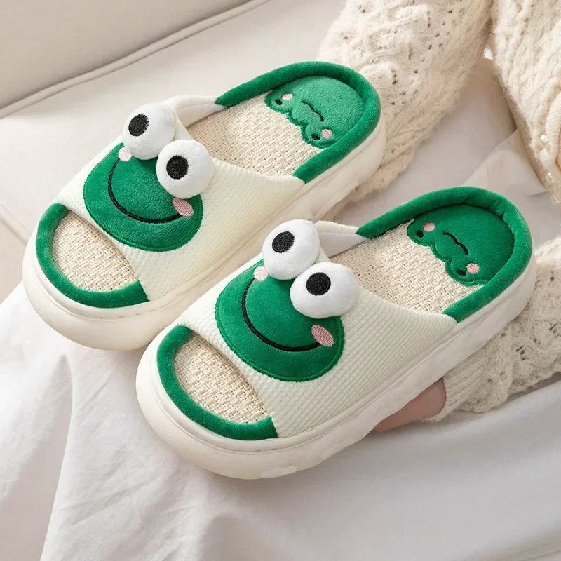 Color: light green, Shoe Size: 38-39 - 2024 Cute Cartoon Frog Linen Slippers Universal Indoor Home Four Seasons Non-slip Cotton Linen Sandals