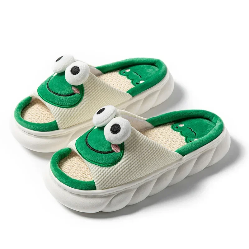 Color: light green, Shoe Size: 38-39 - 2024 Cute Cartoon Frog Linen Slippers Universal Indoor Home Four Seasons Non-slip Cotton Linen Sandals