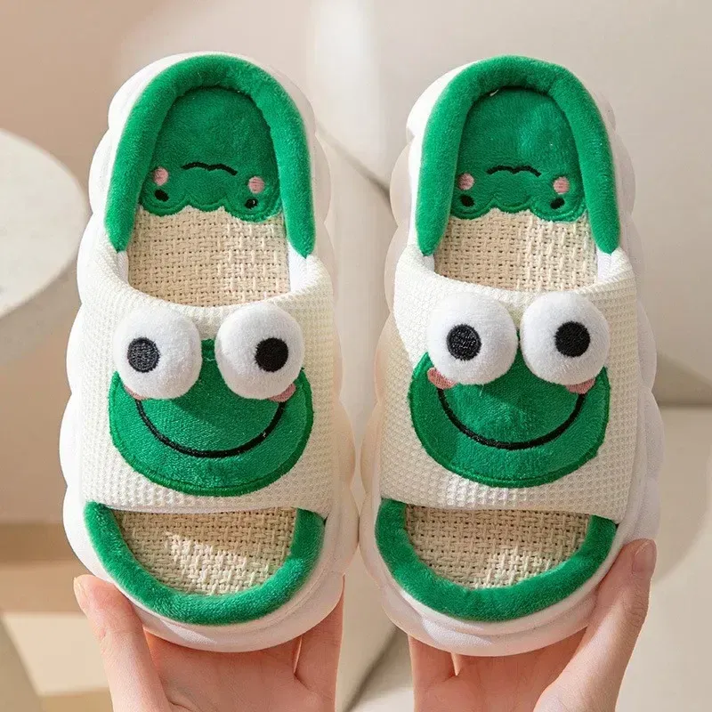 Color: light green, Shoe Size: 38-39 - 2024 Cute Cartoon Frog Linen Slippers Universal Indoor Home Four Seasons Non-slip Cotton Linen Sandals