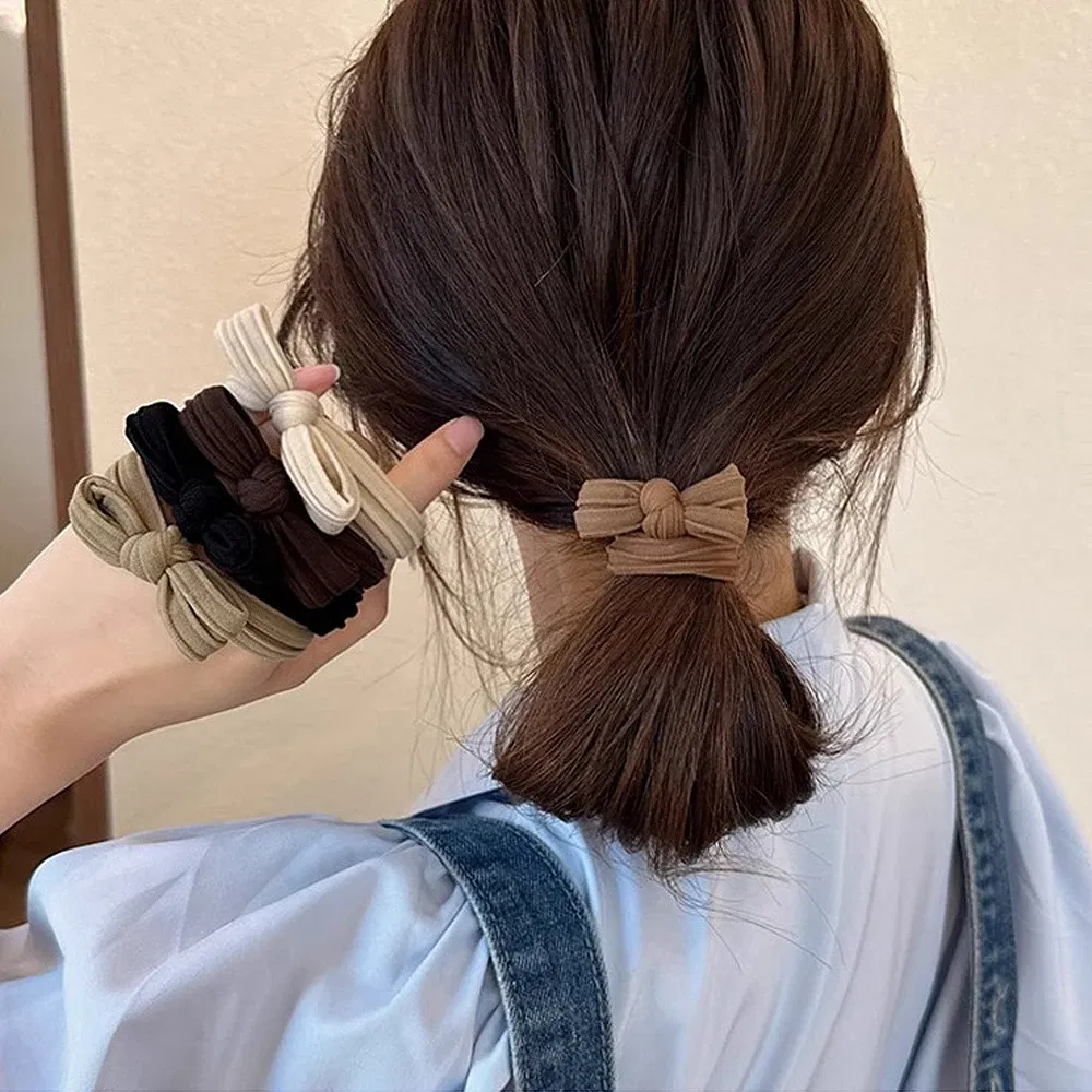 Color: SKY BLUE - 5pcs/Set Candy Color Bow Hair Rope High Elastic Seamless Rubber Band For Women Girls Ponytail Holder Summer BB Hair Ties Ring