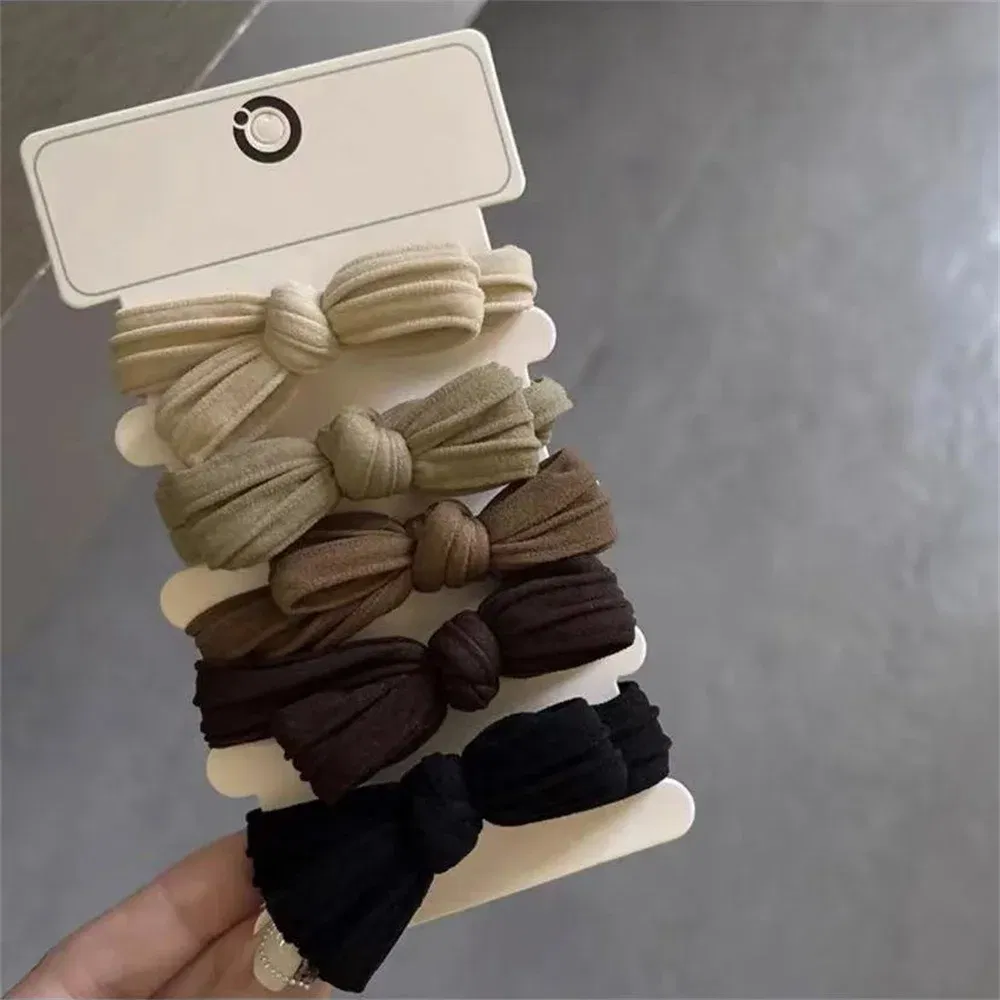 Color: SKY BLUE - 5pcs/Set Candy Color Bow Hair Rope High Elastic Seamless Rubber Band For Women Girls Ponytail Holder Summer BB Hair Ties Ring