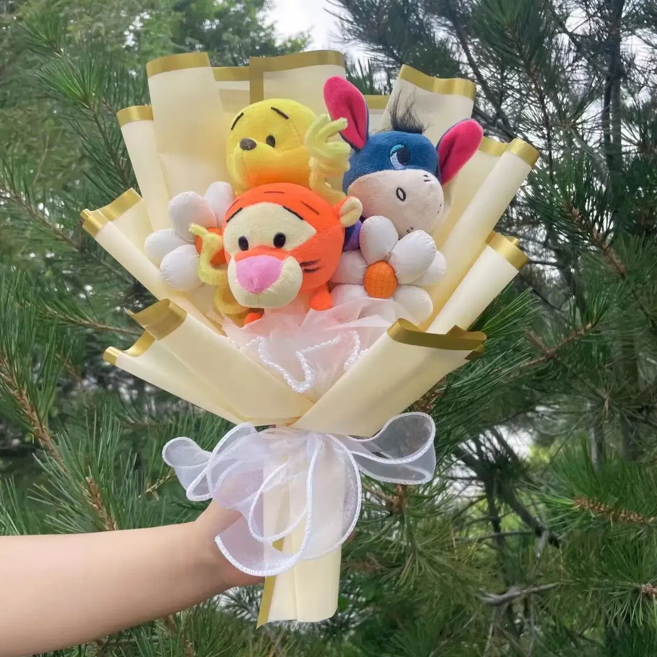 Color: plum - Cartoon Winnie the Pooh Plush Doll Toy Handmade Flower Bouquet Wedding Valentine's Day Christmas Graduation Gifts