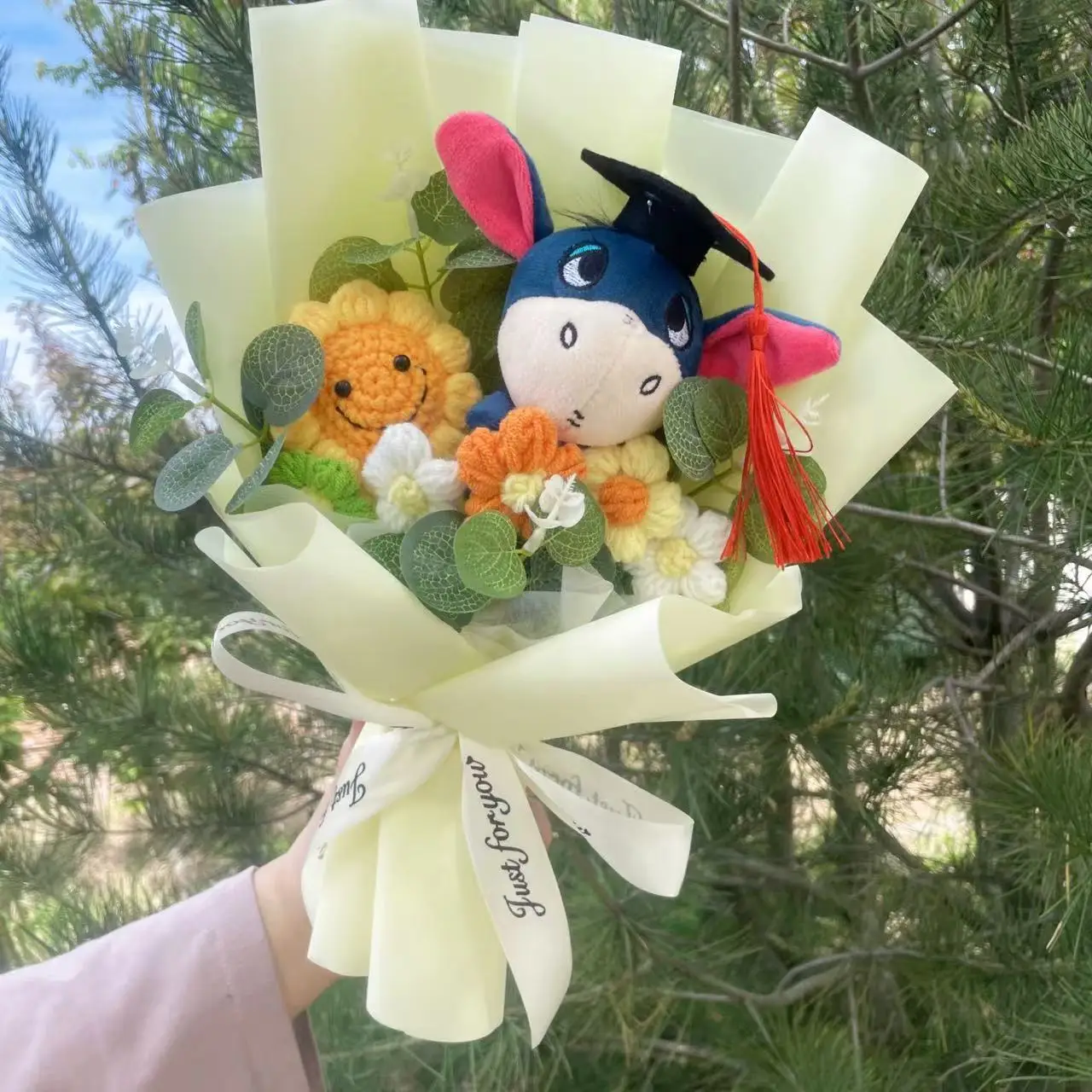 Color: plum - Cartoon Winnie the Pooh Plush Doll Toy Handmade Flower Bouquet Wedding Valentine's Day Christmas Graduation Gifts