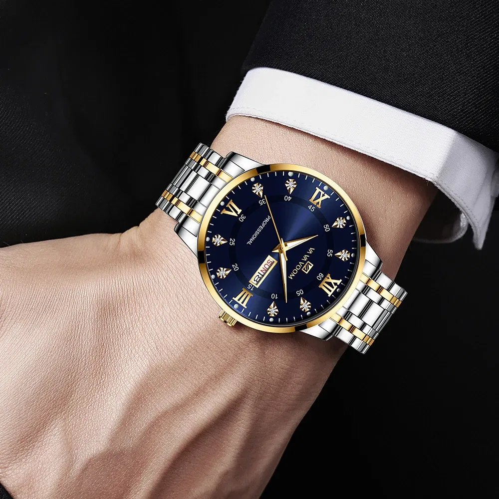 Color: Rose - Top Brand Men Watch Stainless Steel Top Quailty Luxury Push Button Hidden Clasp Waterproof Luminous Date Week Sport Wrist Watch