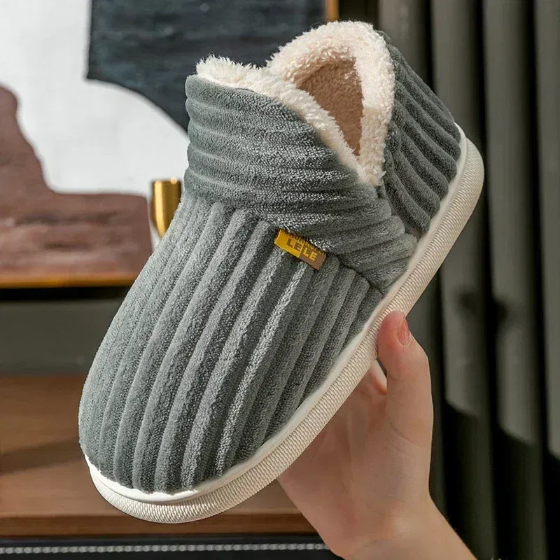 Color: black, Shoe Size: 40-41 - Winter Couple Style Concise Solid Color Wrap Heels Plush Slippers Non-slip Warm Flip Flops Women Men Home Casual Cotton Shoes