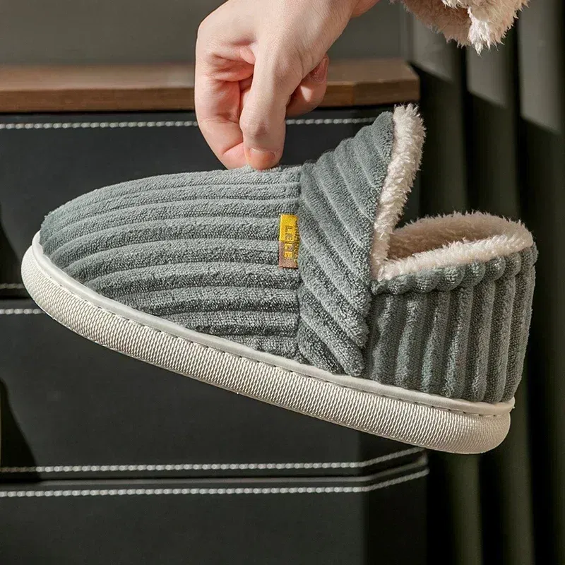 Color: black, Shoe Size: 40-41 - Winter Couple Style Concise Solid Color Wrap Heels Plush Slippers Non-slip Warm Flip Flops Women Men Home Casual Cotton Shoes