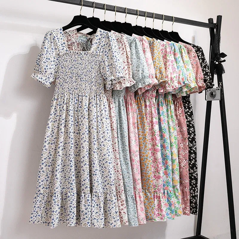 Color: Khaki, Size: One Size - Summer Pleated Women Chiffon Dresses Casual Beach Holiday Short Sleeve Square Collar Woman Midi Dress Bohemian Mujer Vestidos