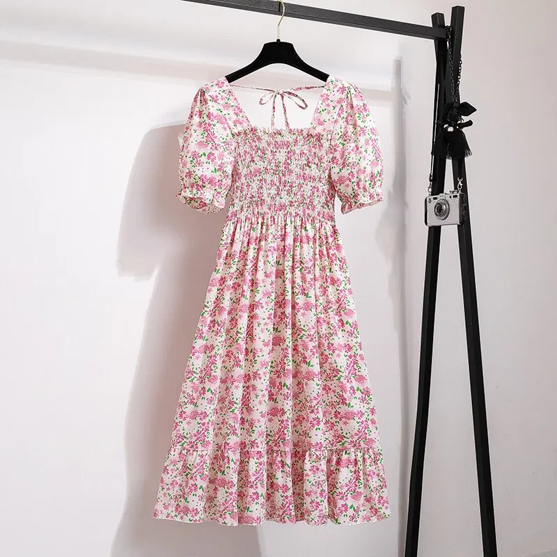 Color: Khaki, Size: One Size - Summer Pleated Women Chiffon Dresses Casual Beach Holiday Short Sleeve Square Collar Woman Midi Dress Bohemian Mujer Vestidos