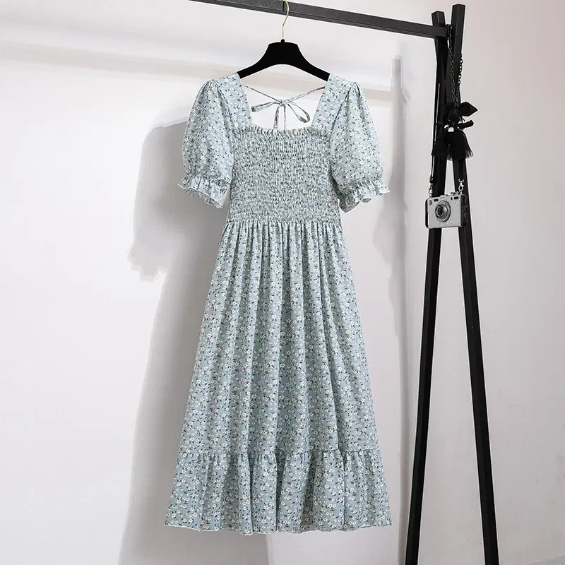Color: Khaki, Size: One Size - Summer Pleated Women Chiffon Dresses Casual Beach Holiday Short Sleeve Square Collar Woman Midi Dress Bohemian Mujer Vestidos