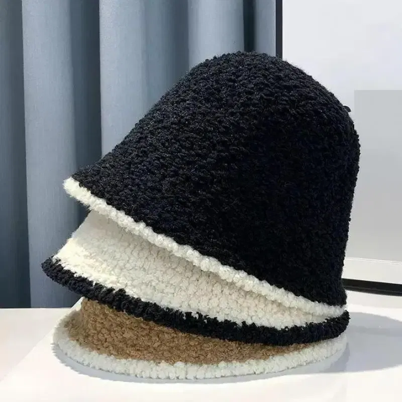Color: WHITE - COKK Bucket Hat Women Winter Knitted Casual Keep Warm Fishing Hat Female Thick Warm Fashion Design Korean Winter Cap Gorro New