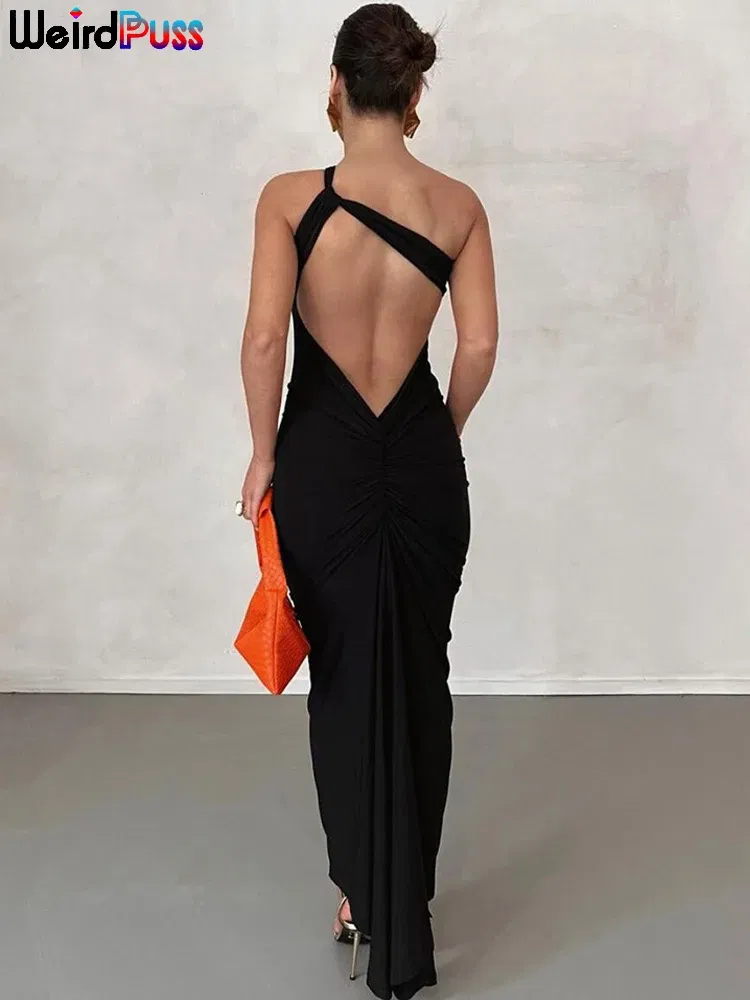 Color: Black, Size: M - Weird Puss Hollow Sexy Women Elegant Dress Cross Ruched Chic Design Sleeveless Skinny Stylish Bodycon Birthday Party Vestidos