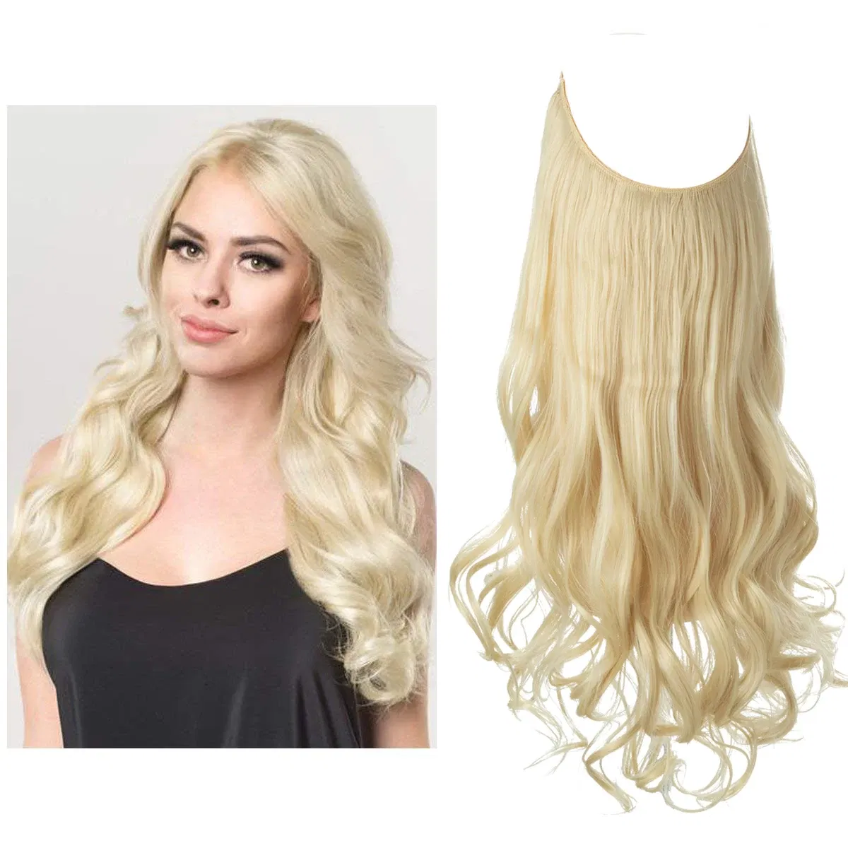 Color: #5, Stretched Length: 18inches - Synthetic No Clip Wave Hair Extensions Ombre Natural Black Blonde Pink One Piece False Hairpiece Fish Line Fake Hair Piece