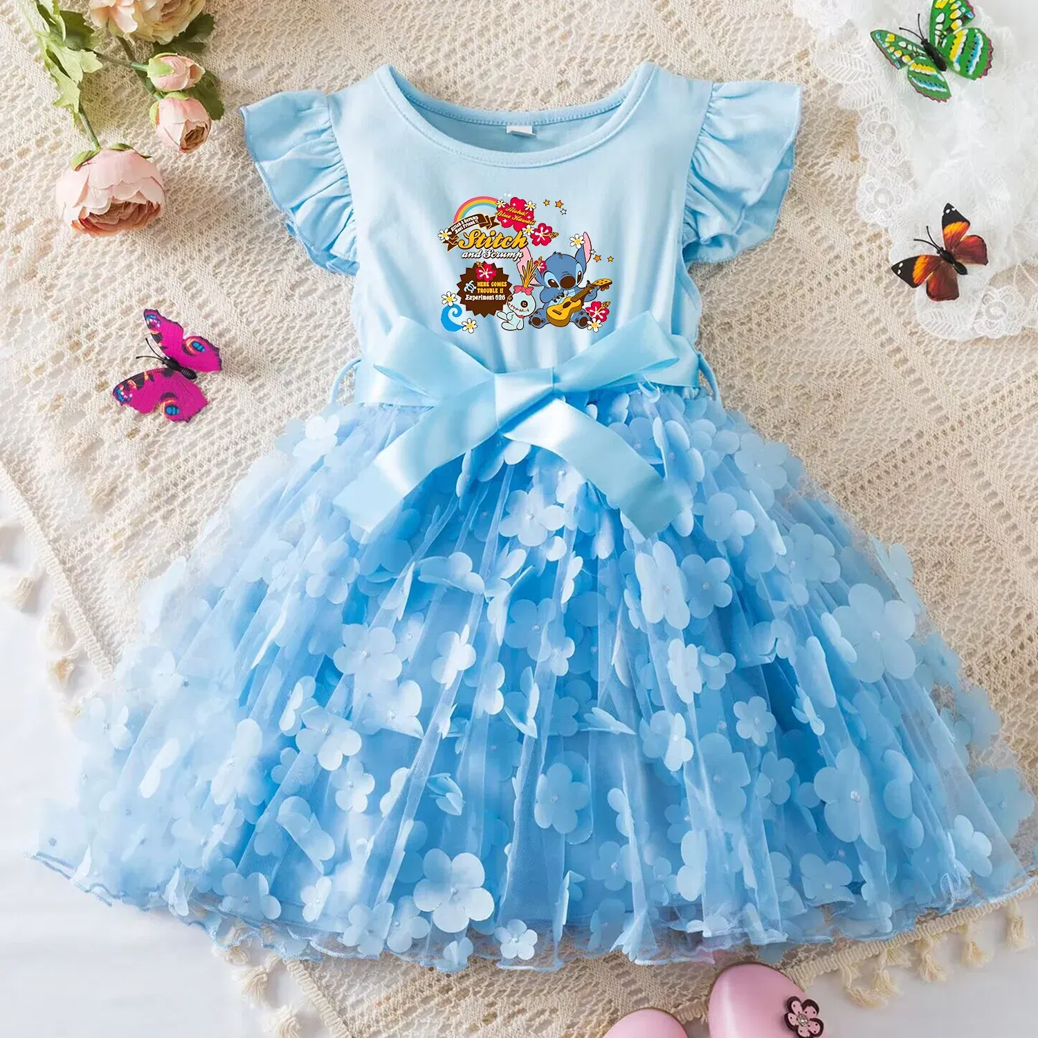 Color: Pink, Size: S - 3D Butterfly Cute Lilo Stitch Summer Dress for Kid's Casual Clothes Baby Girls Beautiful Princess Dress Party Dresses 2-6 Yrs