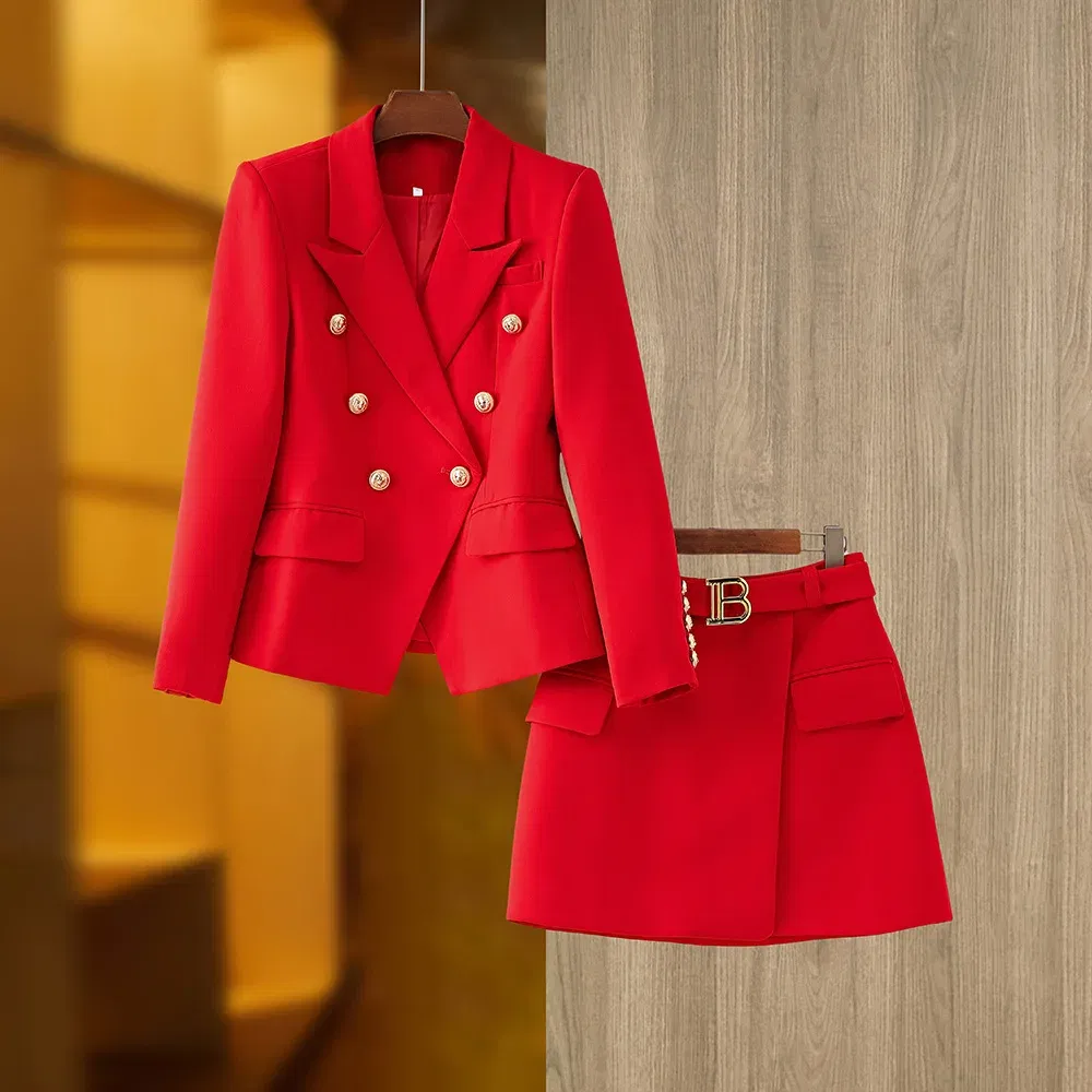 Color: Red, Size: S, Ships From: CN - New Arrival Elegant Style Lady Office Work Suit Double-breasted Long Sleeve Fitted Blazer A-line Pencil Mini Skirt Women 2Pcs