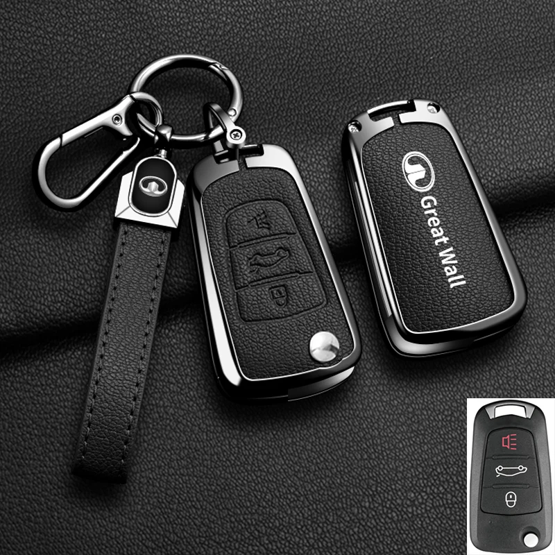 Color Name: Blue - Alloy Car Key Case Cover For Great Wall Haval Hover Wingle 5 6 H3 H5 H6 H1 H3 C30 C50 M4 3Buttons Shell Bag Protector Keychain