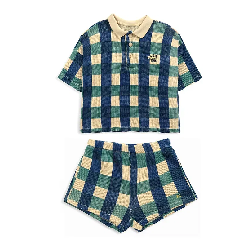 Color: Army Green, Kid Size: 8T - 2024 INS Children's T-shirt Summer Girls Korean Style Sweet and Cute Dress Polo Top Waffle Set Clothing