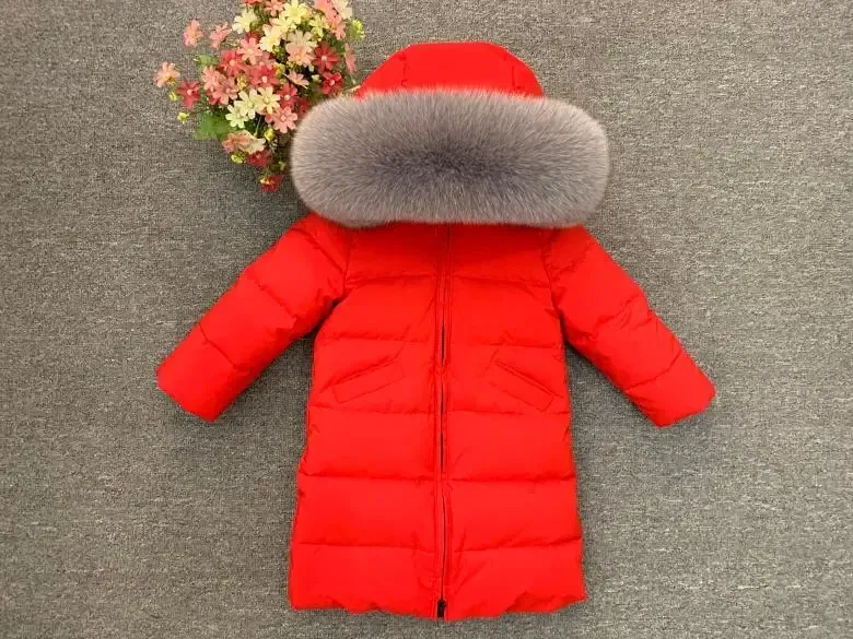 Color: Ivory, Kid Size: 6 - Children Girl boy Winter real fur thickened down jackets 90 down Long Coat jacket overcoat baby kids clothing -30 outwear ws1245