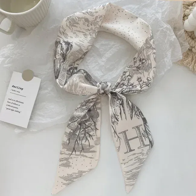 Color: Ivory, Size: XXS - Fashion Skinny Scarf Women Luxury letter Printing Tie Bag Handle Ribbon Hair Band Women's Headscarf New Lady Design Silk Scarves
