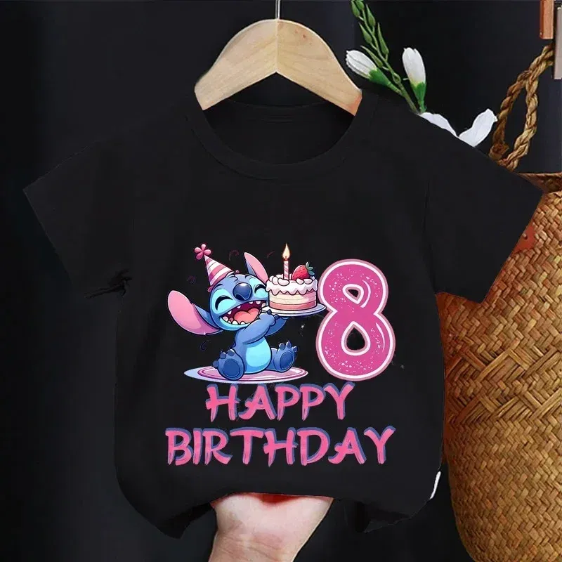 Color: Khaki, Kid Size: 9 - Lilo Stitch Children T-shirt Birthday 3-10 Years Boy Girl Clothing Summer Cartoon Print Tshirt Short Sleeve Cotton Top Baby Tee