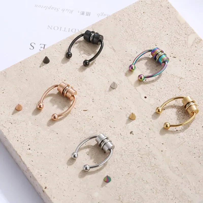 Metal color: RED - Women Fake Piercing Nose Ring Hoop Septum Non Piercing Nose Clip Rock HipHoop Stainless Steel Magnet Fashion Punk Body Jewelry