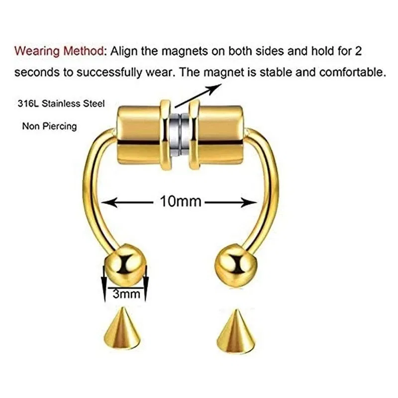 Metal color: RED - Women Fake Piercing Nose Ring Hoop Septum Non Piercing Nose Clip Rock HipHoop Stainless Steel Magnet Fashion Punk Body Jewelry