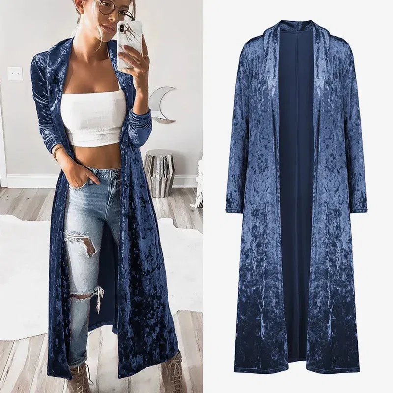 Color: Beige, Size: L - 2024 Long Velvet Kimono Cardigan Windbreaker Women Jacket Pure Color Fashion Long Sleeve Casual Ladies Long Jacket Trench Coat