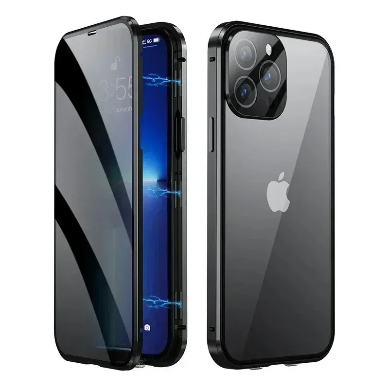Color: Beige, Material: Denim - Double-Sided Privacy Magnetic Case For iPhone 16 12 13 14 15 11 Pro Max 14 Plus 16 Plus Anti Peeping Full Cover Metal Frame Case