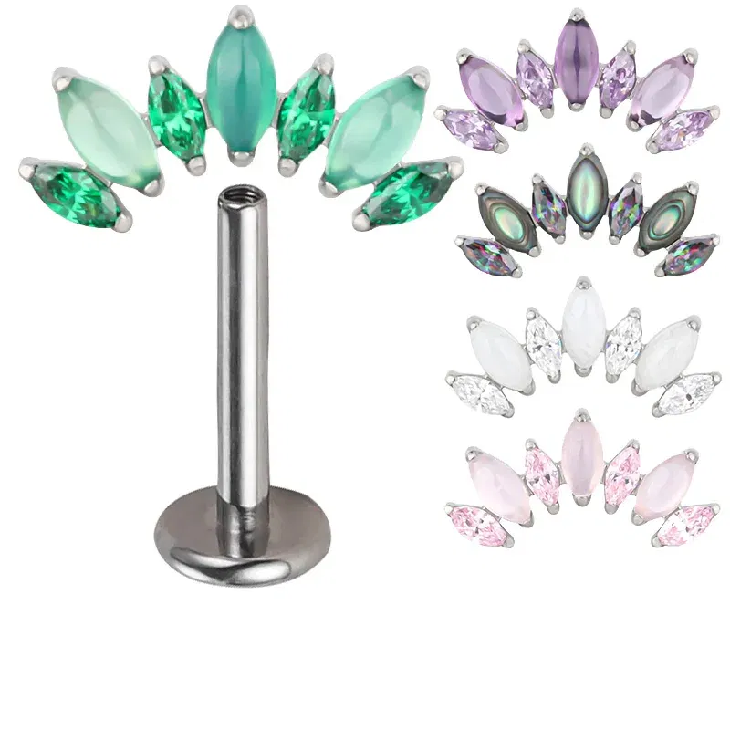 Metal color: Blue Zinc Plated, Ships From: CHINA, Main Stone Color: Green - ASTM F136 Titanium EAR PIERC with 7 Natural Stone and Zircon Top Tragus Earrings Ear Lip Helix Studs Tongue Piercing Jewelry