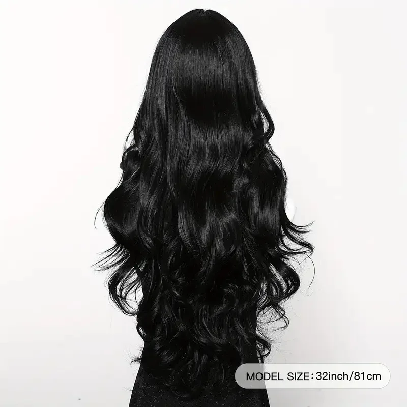 Color: #33 - Black synthetic wig with middle-parted long hair and big waves for party or daily use. High-temperature synthetic hair cap.