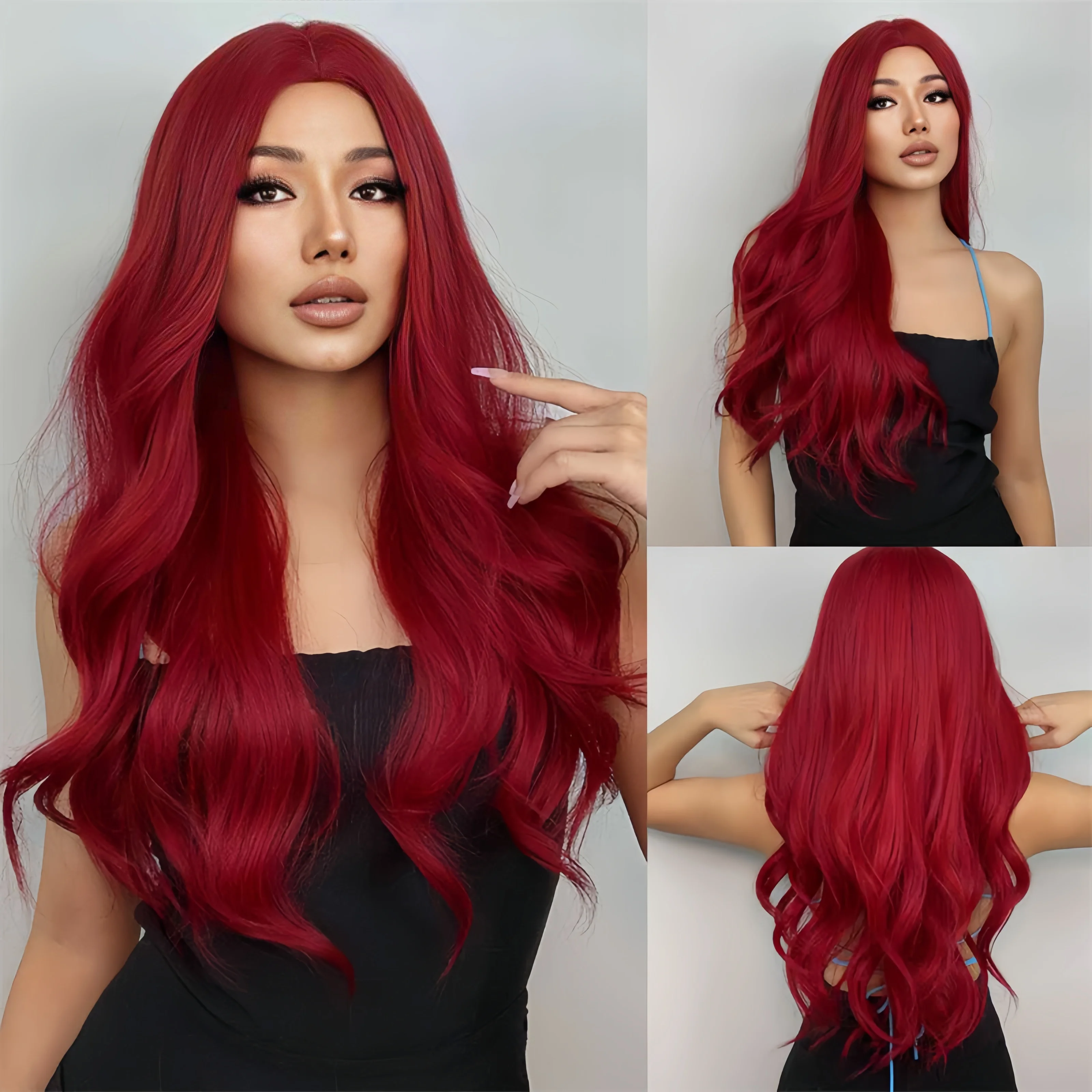 Color: #33 - Black synthetic wig with middle-parted long hair and big waves for party or daily use. High-temperature synthetic hair cap.