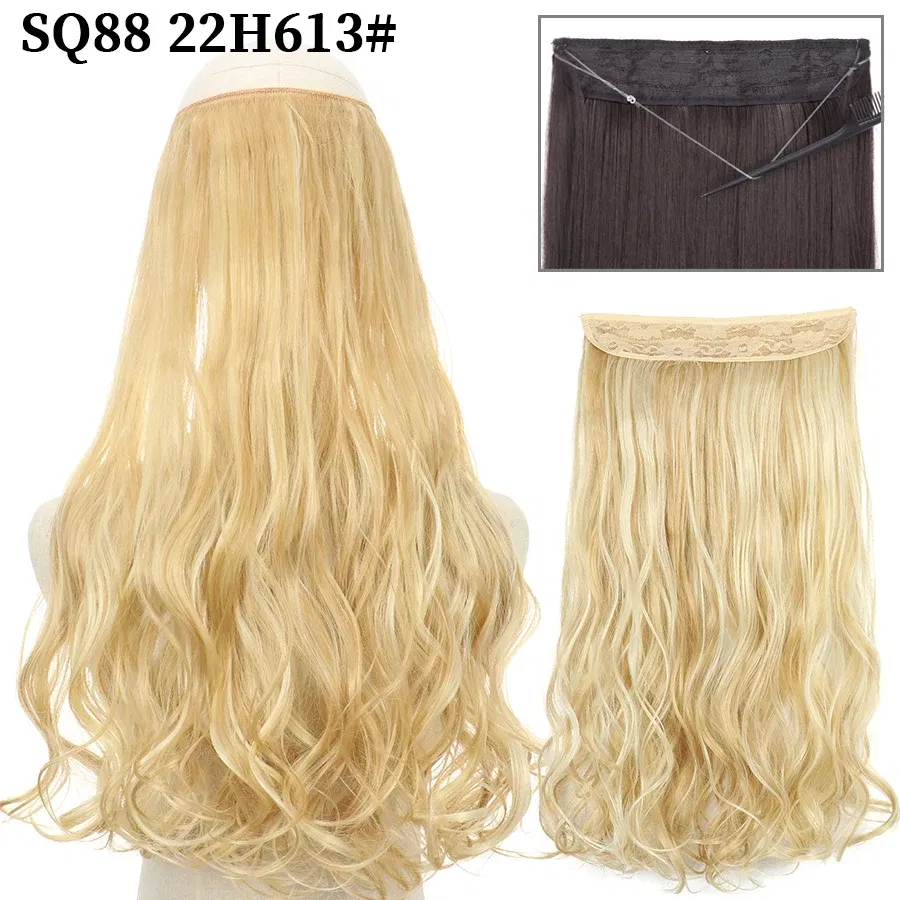 Color: P4/24, Stretched Length: 22inches, Ships From: CHINA - Synthetic Natural Wavy No Clip Fish Line Invisible Hair Extensions Mixed Color Blonde Black Artificial False Hair Piece ForWomen